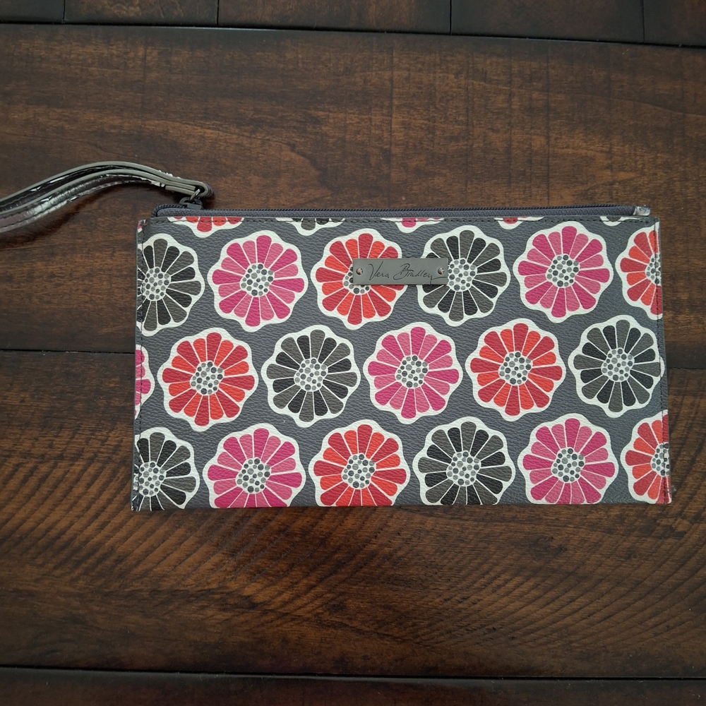 Vera Bradley Gray Large Wristlet with Pink and Red Floral Design